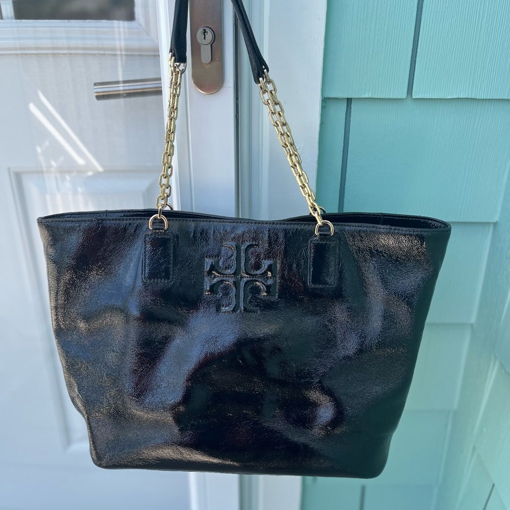 Tory Burch black leather patent tote/shoulder bag. Rich, durable and practical!